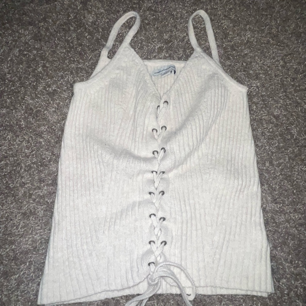 American Eagle White Knit Lace Up Tank